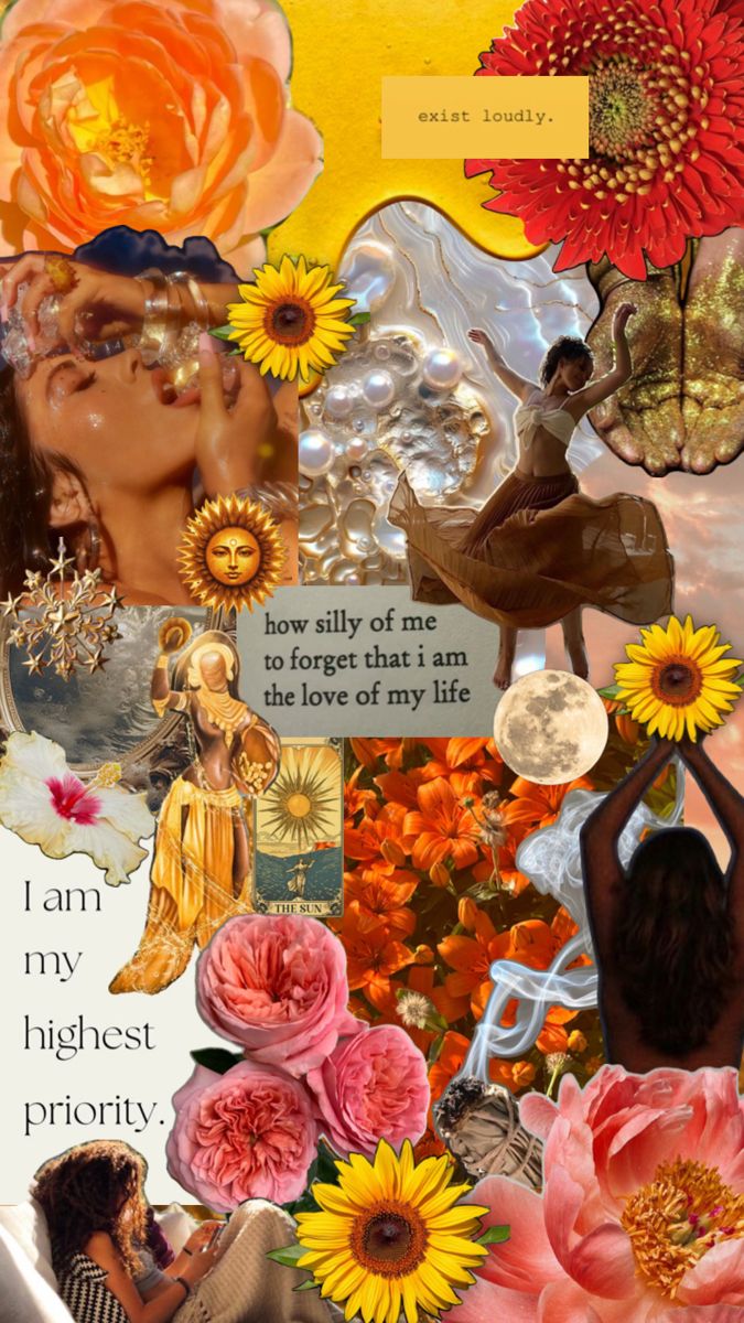 a collage of flowers and pictures with words written on the bottom, below it is an image of a woman surrounded by sunflowers