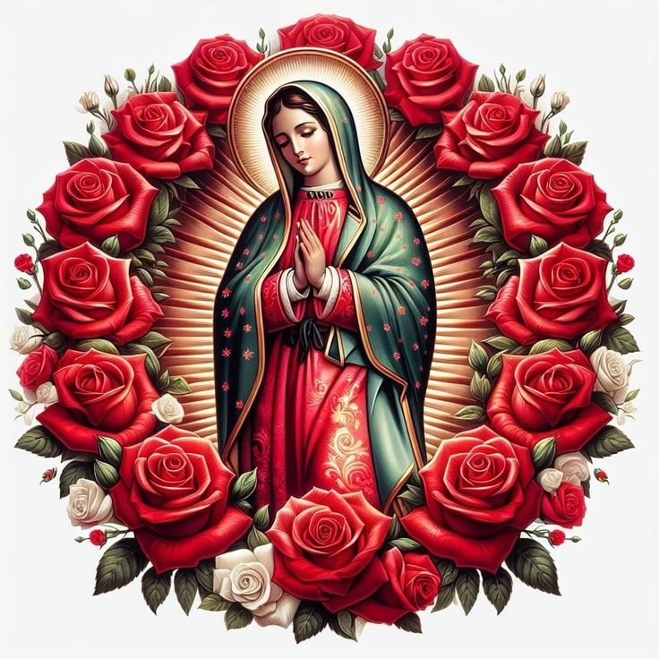 an image of the virgin mary surrounded by roses