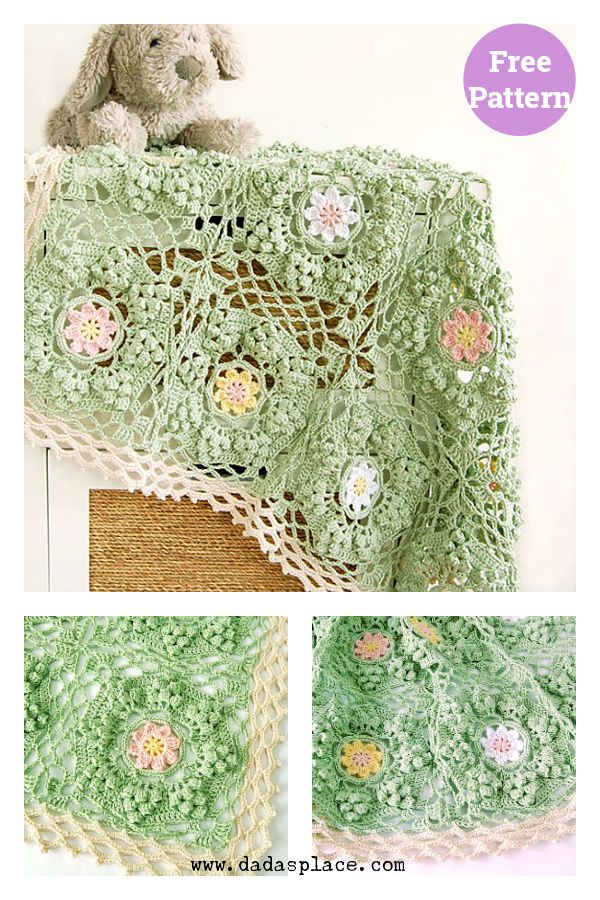 the crocheted blanket is green and has flowers on it