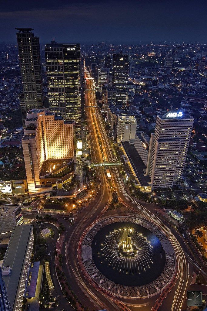 an aerial view of the city at night