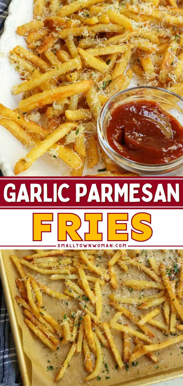 Learn how to make Garlic Parmesan Fries! They're an easy side dish recipe featuring shoestring potatoes. Baked to perfection, they're so much better than regular French fries. So tasty and yummy! Save this potato idea for dinner! Parmesan Fries Baked, Potato Garlic Parmesan, Shoestring Potatoes Recipes, Baked Garlic Parmesan Fries, Fries With Toppings, Shoestring Potatoes, Tavern Ideas, Parmesan French Fries, Sweet Cream Butter