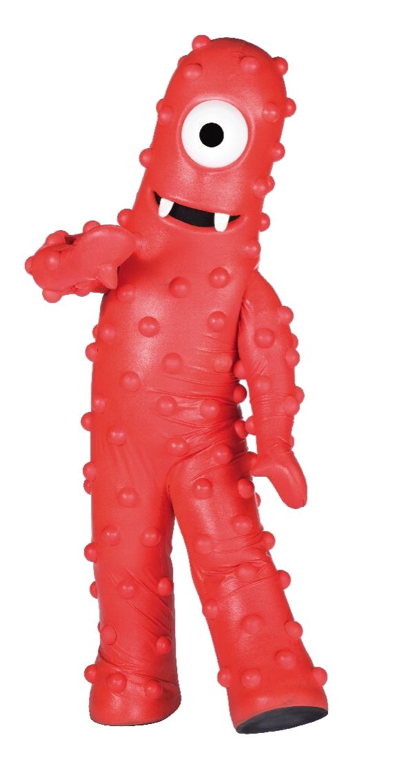 an inflatable pink monster costume with big eyes and large teeth, standing upright