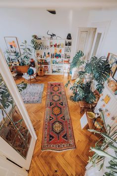 a living room filled with lots of furniture and plants on top of a hard wood floor