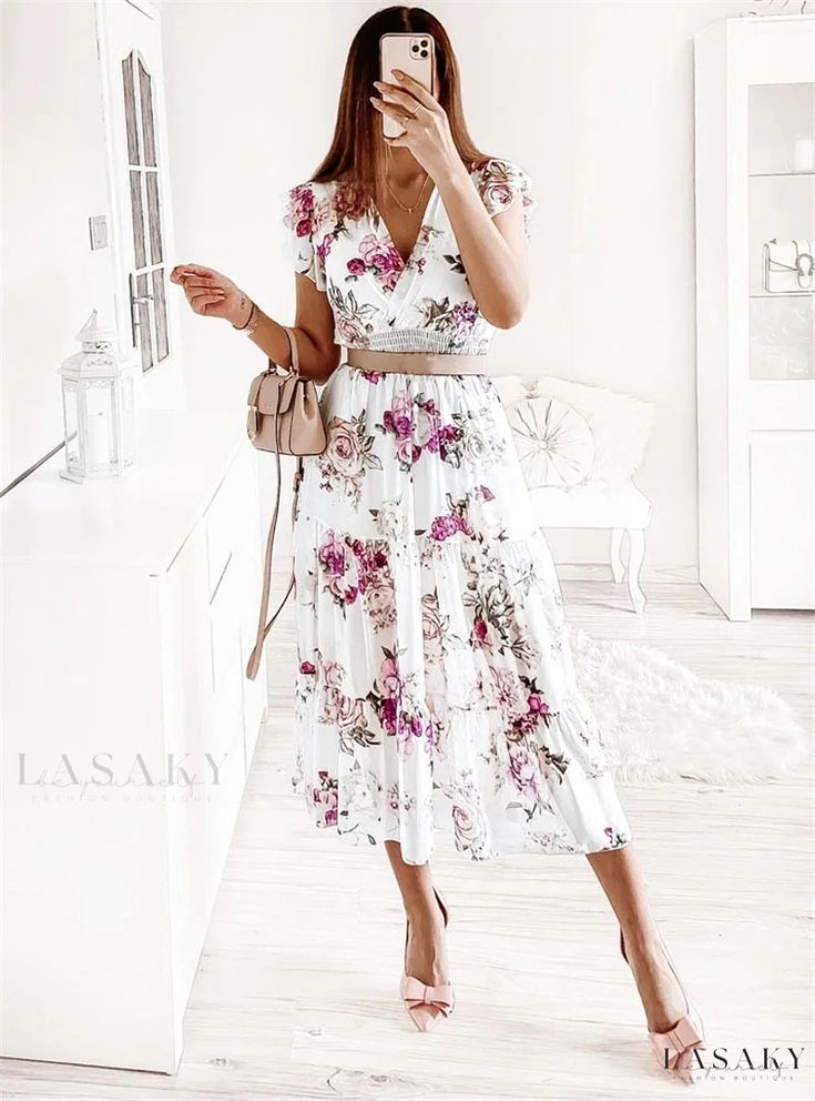 Lasaky - Petal Hem Short Sleeve Floral Print Dress - Waist Belt not Included Basic Skirt, Elegant Midi Dresses, Neckline Dress, Sleeves Clothing, Weave Style, Midi Short Sleeve Dress, Ruffle Shorts, Necklines For Dresses, Ruffled Sleeves