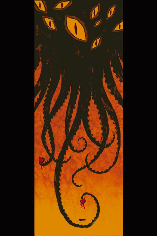 an octopus with yellow eyes and tentacles on it's face is shown in this poster