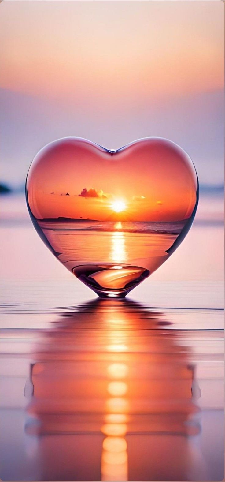 a heart shaped glass bowl sitting on top of a beach next to the ocean at sunset