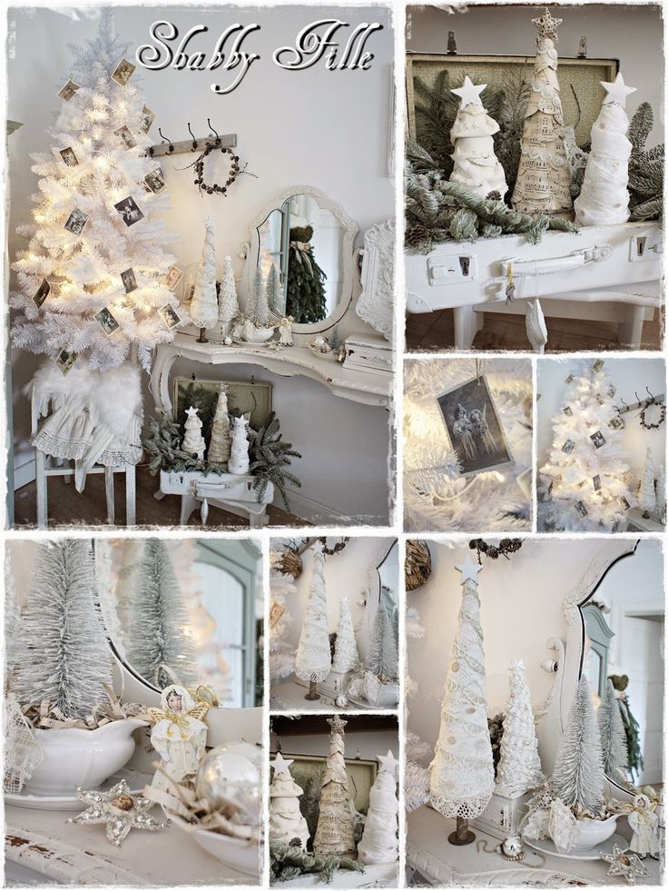 a collage of white christmas trees and decorations