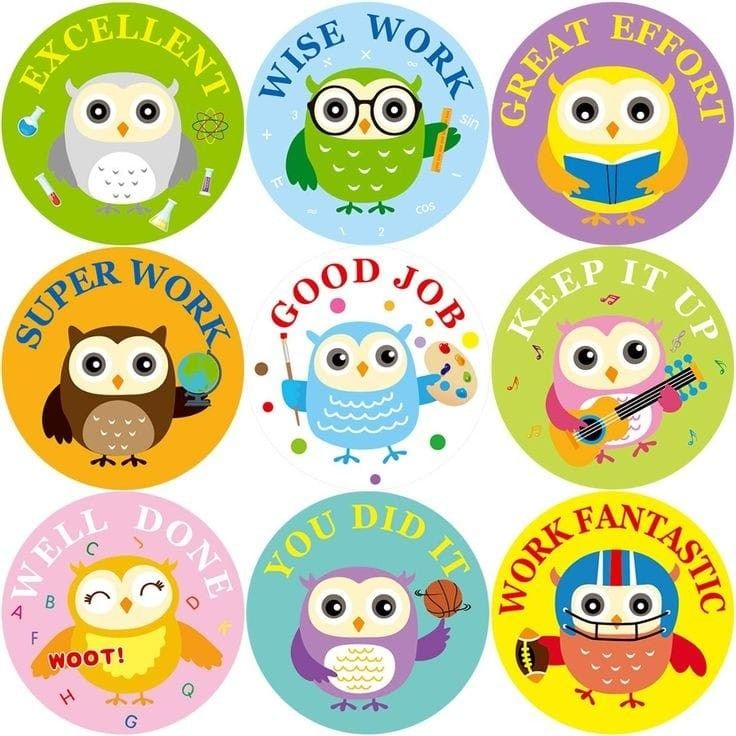 six stickers with owls and words on them