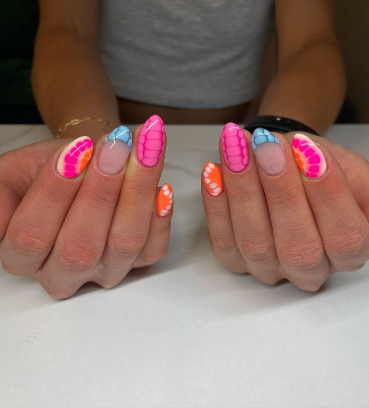 Full Color Nails With Design, Nail Ideas With Blooming Gel, Pink Nails W Design, Colorful Blooming Gel Nails, Cute Blooming Gel Nails, Blooming Nails Design, Fun Back To School Nails, Nail Art Designs Blooming Gel, Fun Nail Designs Summer