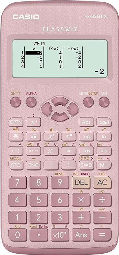 a pink calculator with numbers and symbols on the front side, in color