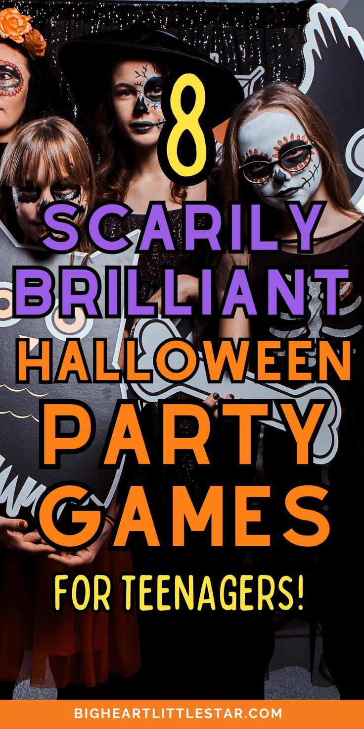 halloween party games for teenagers with text overlay that reads 8 scary brilliant halloween party games for teenagers