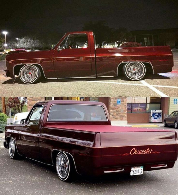 an old red pickup truck parked in a parking lot at night and the same one with chrome rims