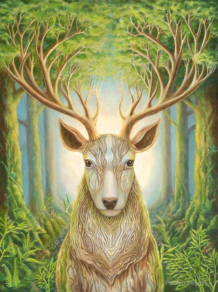 a painting of a deer with antlers on it's head in the woods