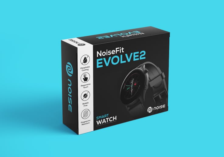 a box with a watch inside it on a blue and green background that says noisifit evolve2