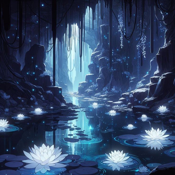 a pond filled with water lilies surrounded by trees