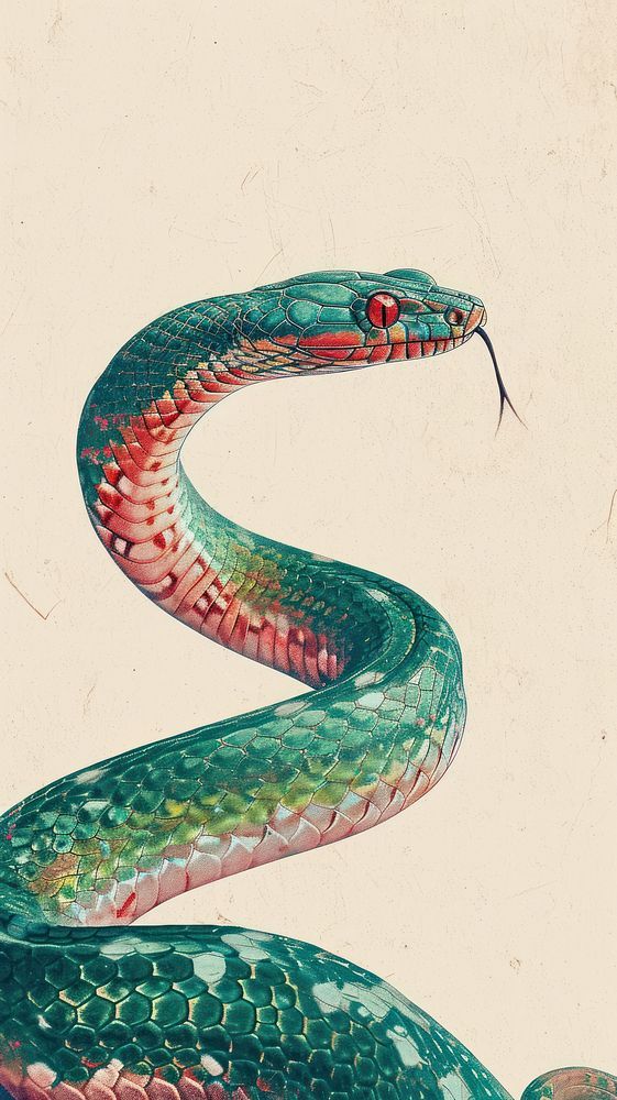 an illustration of a green snake with red and yellow stripes on it's head