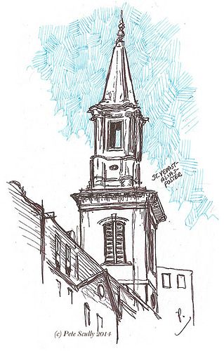 a drawing of a building with a steeple on it's roof and windows