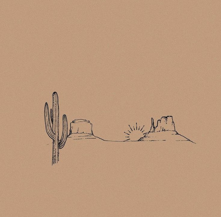 a drawing of a desert scene with a cactus in the foreground