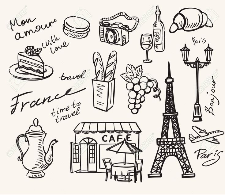 french food and drinks hand drawn in black ink on white paper with the eiffel tower