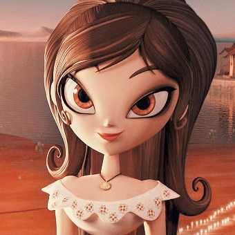 a cartoon girl with long hair and big eyes standing in front of a body of water