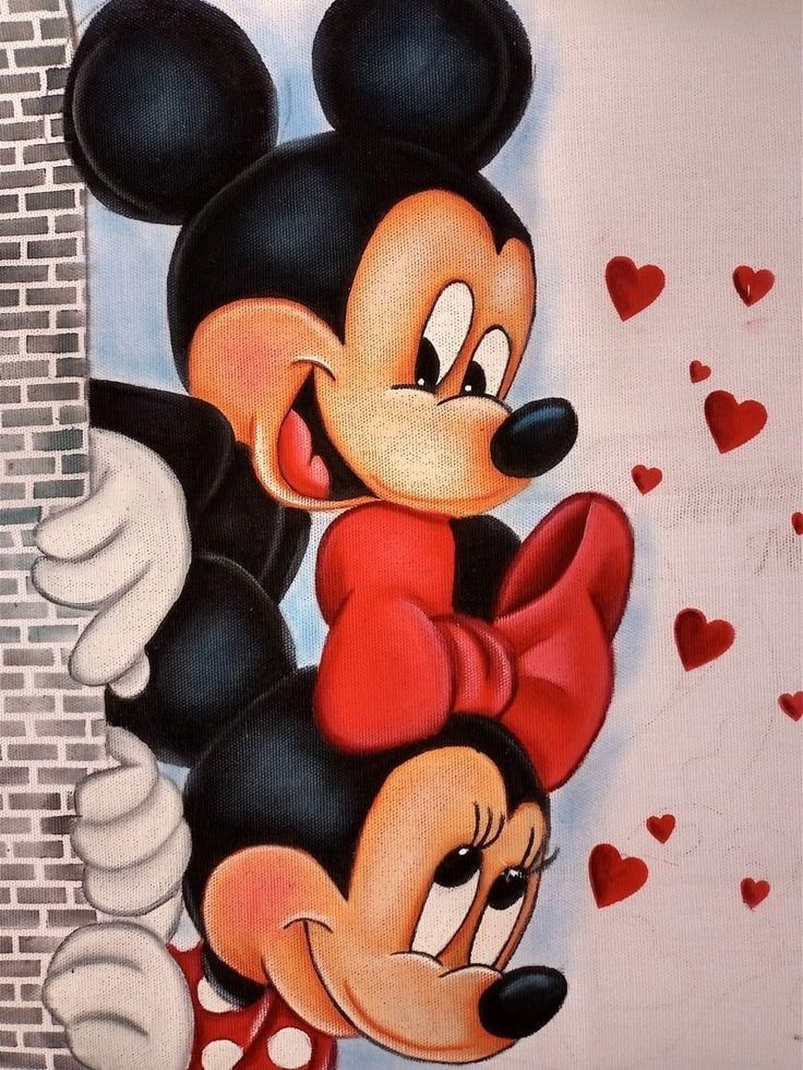 a painting of mickey and minnie mouse hugging each other with hearts on the wall behind them