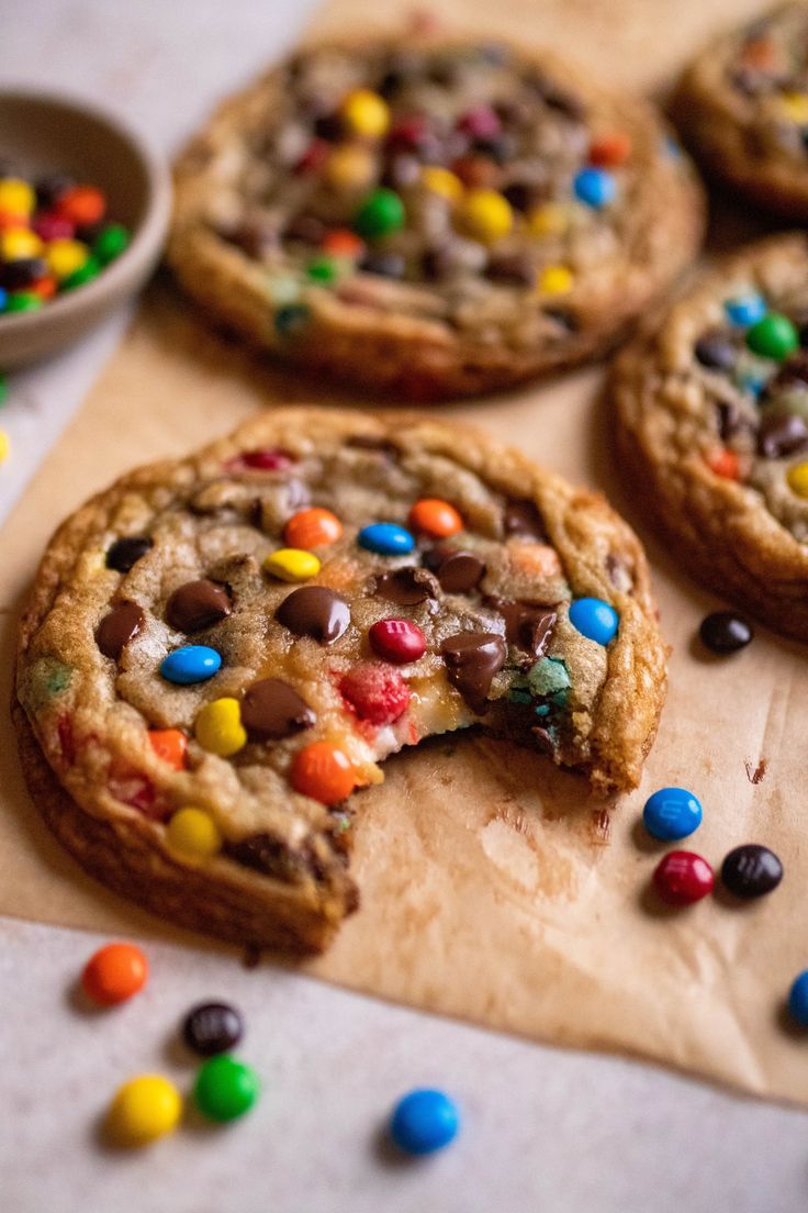 chocolate chip cookies with m & m candy on top