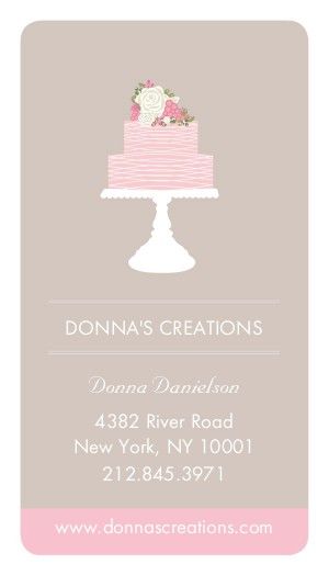 a business card with a pink cake on the front and white flowers on the back