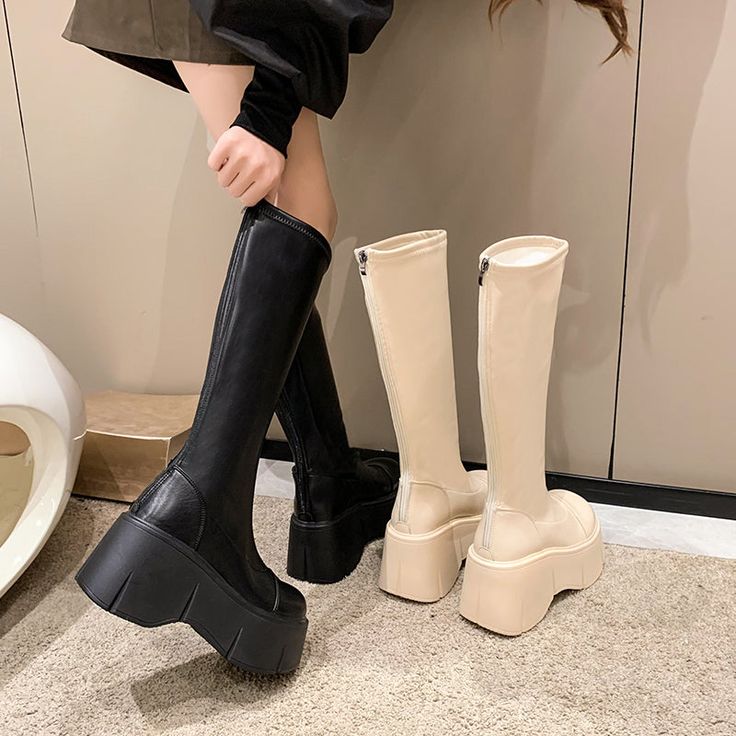 Brand: other/other Closure: rear zipper Size: 34 35 36 37 38 39 pattern: plain Style: Korean Tube height: high tube Popular elements: wedge heel platform stitching Heel height: super high heel (greater than 8cm) Color classification: Black, beige, two-brown, two-black Boots Name: Fashion Boots Suitable season: spring and autumn Market Year Season: Fall 2022 Toe style: round head Thickness: Regular With the bottom style: increase inside Sole material: Polyurethane Upper and inner material: cloth Wedge High Boots, Spring High Heel Platform Boots With Zipper, Trendy Faux Leather Platform Wedge Boots, Synthetic Platform Boots With Zipper And Round Toe, Knee-high Polyurethane Platform Boots For Spring, Polyurethane Knee-high Platform Boots For Spring, High-top Platform Boots With Thick Bottom, Trendy Leather Platform Boots With Wedge Heel, Platform Boots With Zipper Closure