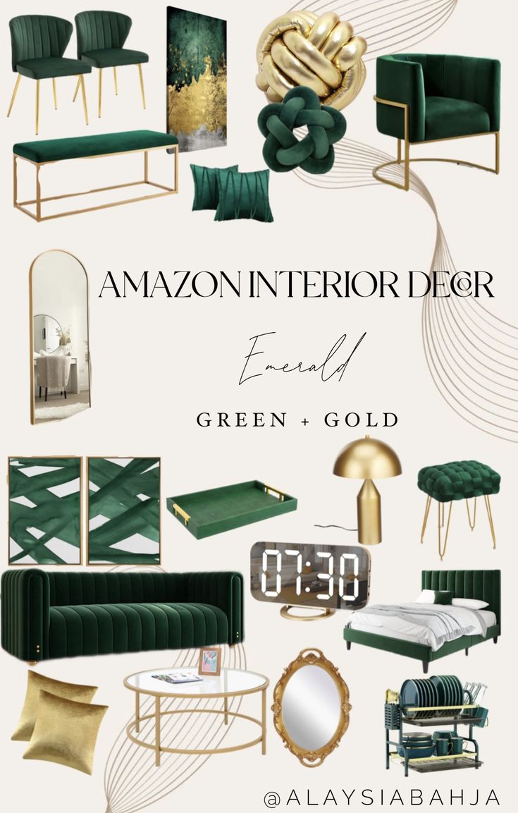 green and gold furniture with the words amazon interior decor