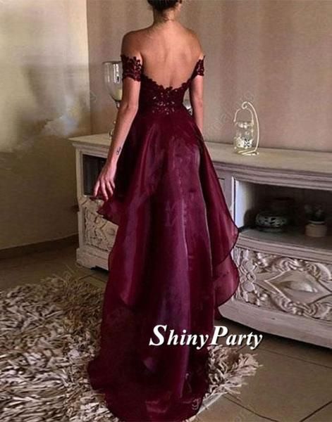 Sexy High Low Organza Maroon Lace Prom Dress, High Low Formal Dress, Maroon Lace Graduation Dress, Maroon High Low Homecoming Dress Maroon Prom Dress, Asymmetrical Prom Dress, Short Sleeve Prom Dresses, High Low Dress Formal, Organza Dresses, Chic Prom Dresses, High Low Prom Dress, Stunning Prom Dresses, Burgundy Prom Dress