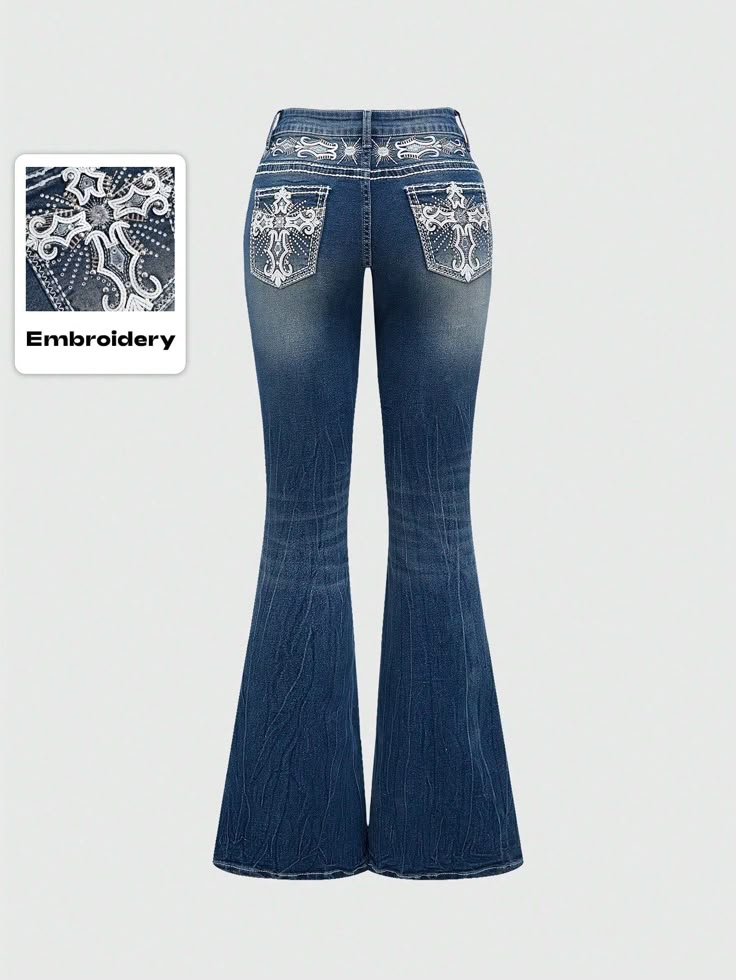 Y2K Vintage Millennium Sexy Pocket Cross Wings Embroidery Women's Slim Flared Jeans Navy Blue    Denim All Over Print,Textured Pattern Flare Leg High Stretch  Women Clothing, size features are:Bust: ,Length: ,Sleeve Length: Miss Me Jeans Size Chart For Women, Jeans With Crosses Y2k, Mexican Pants Jeans, Mexican Pants, Mexican Jeans, Mexican Clothes, Wings Embroidery, Y2k Flare Jeans, 2025 Aesthetic