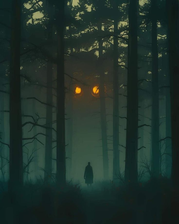 a person standing in the middle of a forest at night with two glowing eyes on their face