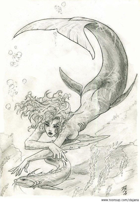 a pencil drawing of a mermaid sitting on top of a rock