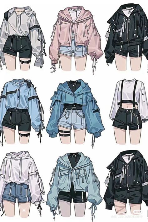 six different types of jackets and shorts with zippers on the front, back, and side