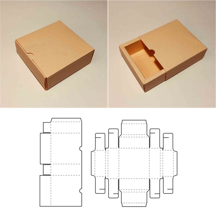 an open cardboard box with two sections cut out to show the inside and side views