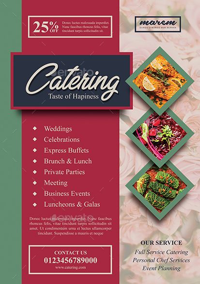 a flyer for a catering event with flowers and menus on the front, and an image