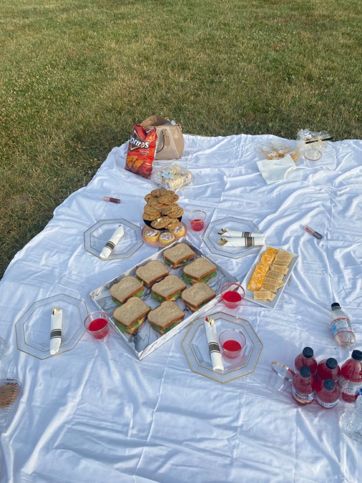 an outdoor picnic with sandwiches, drinks and snacks on a blanket in the grass outside