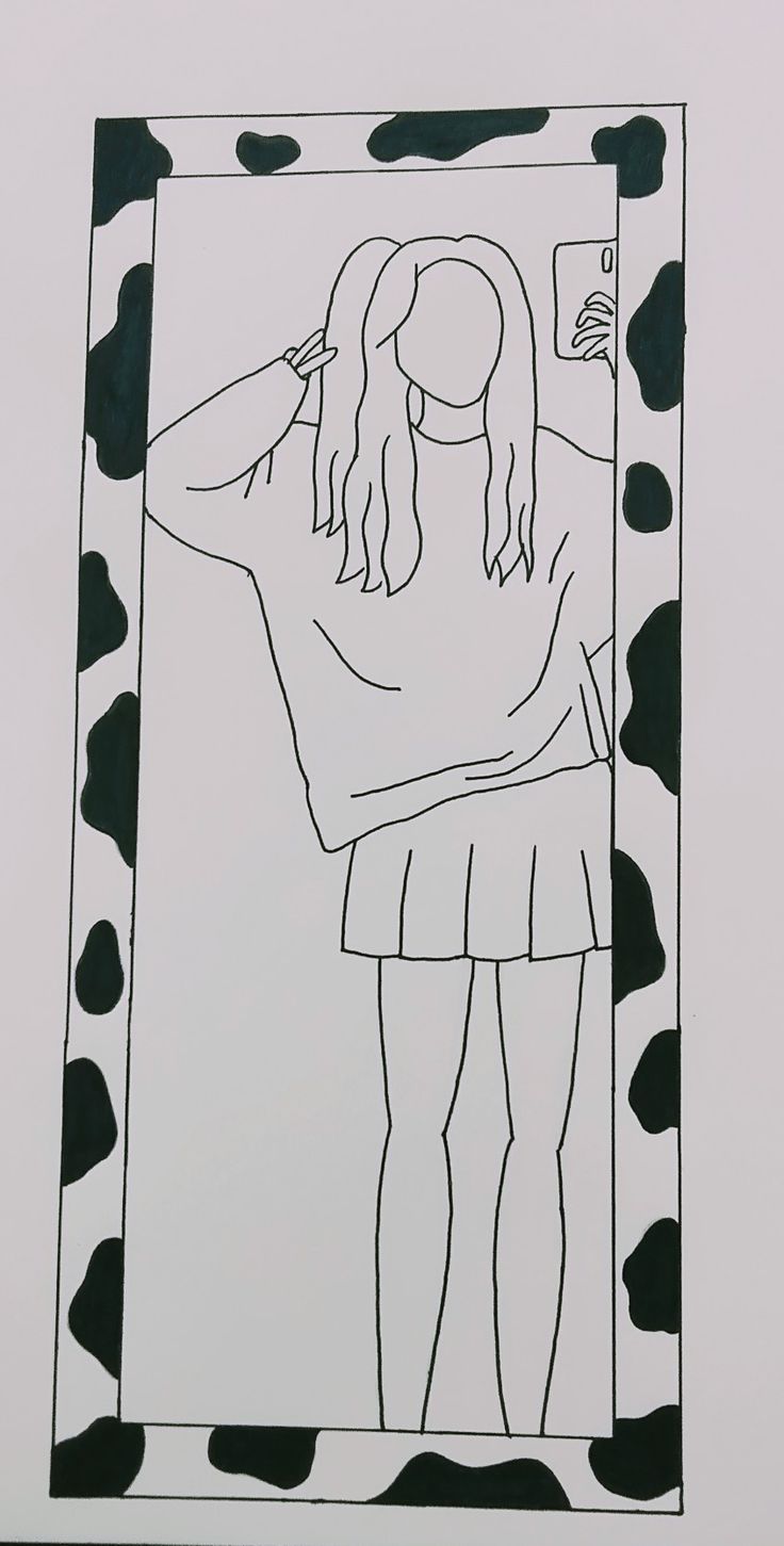 a black and white drawing of a girl in a cow print frame with her arms behind her head