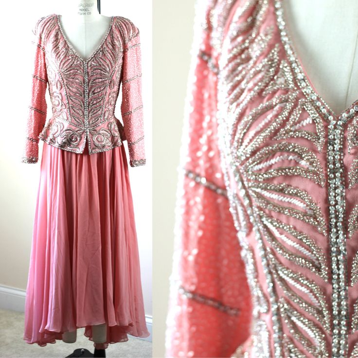 "An Amazing dress! To me this looks like a renaissance dress...with the fitted bodice, looking oh so beautiful..and a fabulous silk chiffon lined high low skirt. The beading on this is fabulous and the rest is all sequins in a fabulous salmon! Very Good to Excellent condition! I see no flaws. Measuring: 55\" length- 52\" shorter front Bust: 36\" Waist: 28\" Sleeves: 22\" Absolutely fabulous style..fabulous designer.. Pet Free/smoke free Enjoy!" Fitted Couture Dresses For Festive Season, Hand Embellished Silk Dress For Party, Fitted Festive Ball Gown Dress, Festive Fitted Ball Gown Dress, Formal Hand Embellished Evening Dress With Fitted Bodice, Fitted Ball Gown For Festive Occasions, Formal Evening Dress With Hand-embellished Fitted Bodice, Fitted Empire Waist Evening Dress, Silk Dresses With Embellished Fitted Bodice