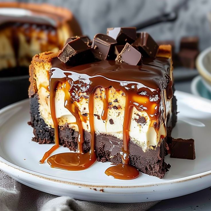 a slice of cheesecake with chocolate sauce and caramel drizzle on top