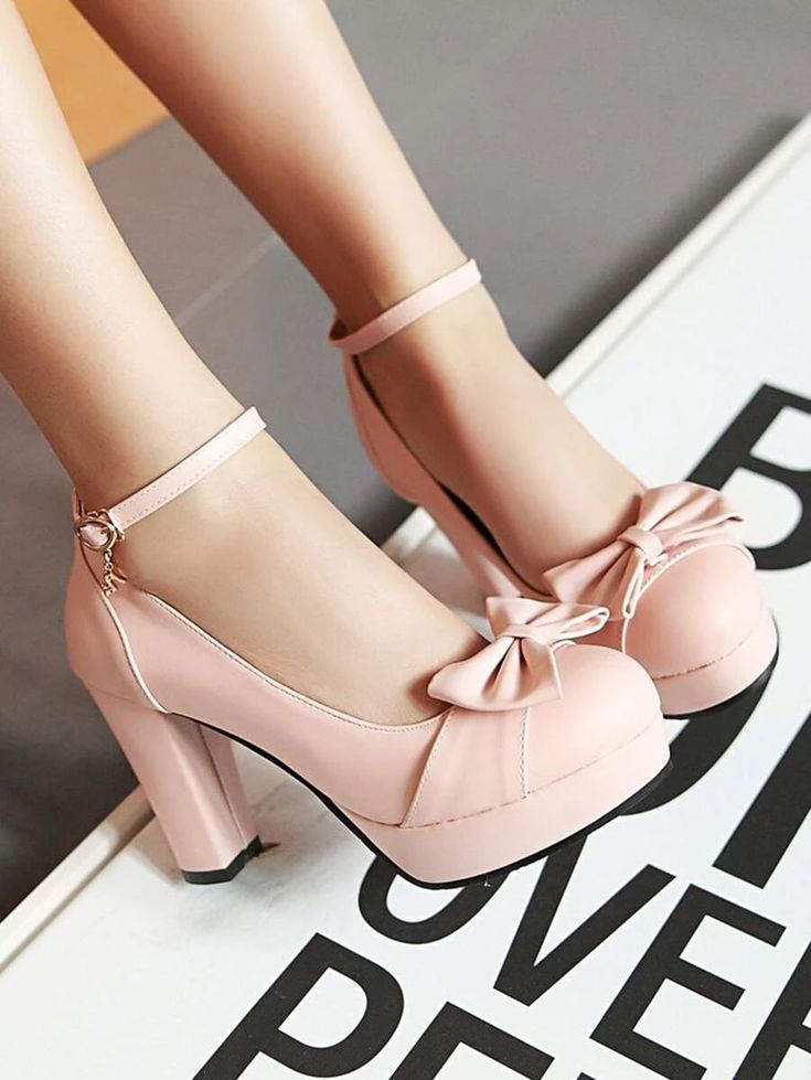 Apricot Heels, Platform Chunky Heels, Bow High Heels, Pink Platform, Ankle Strap High Heels, Shoes Platform, Bow Heels, Women Shoes Online, Ankle Strap Pumps