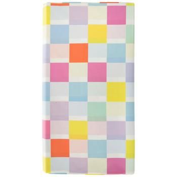 a multicolored checkered towel on a white background with an orange, yellow and pink stripe