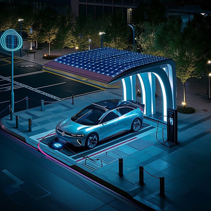 an electric car plugged in to a charging station with solar panels on the roof