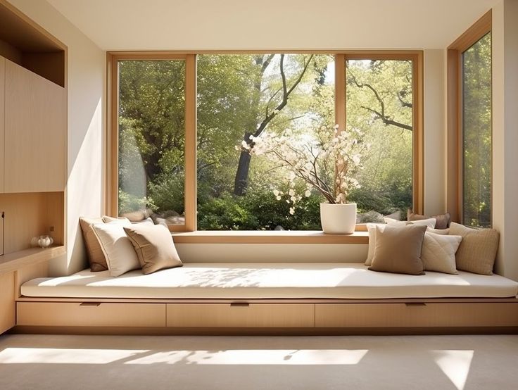 a window seat with pillows on it in the middle of a room that has large windows