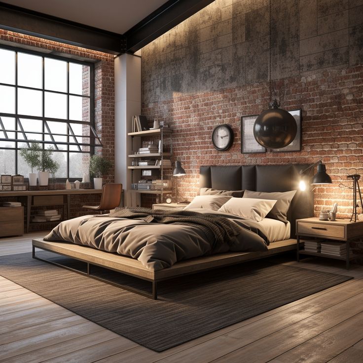 a bedroom with brick walls and wooden floors