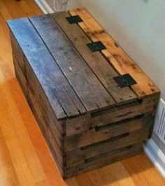 a wooden box sitting on top of a hard wood floor