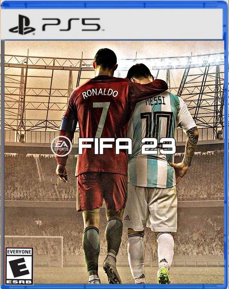 two soccer players are walking in front of an arena on the cover of this video game