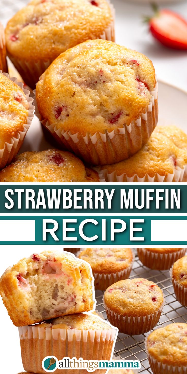 strawberry muffins on a cooling rack with the title overlay reads, strawberry muffin recipe