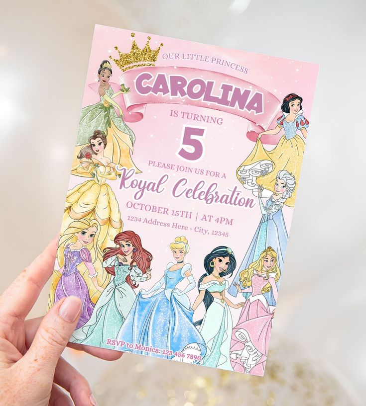 Disney Princess Birthday Invitation - Canva Template - Invitations - Mama Life Printables Disney Princess Birthday Party Invites, Princess 5th Birthday Party, Disney Princess Birthday Invitations, Disney Princess Invitation, Princess Birthday Invite, Disney Princess Invitations, Royal Celebration, Princess Party Invitations, Disney Princess Birthday Party