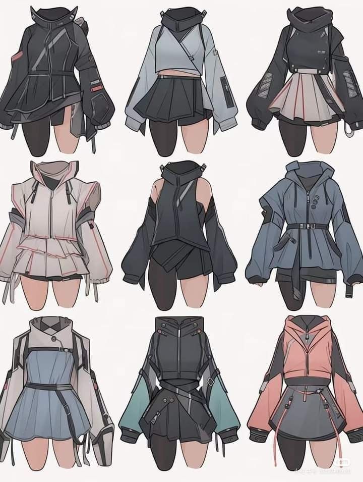 an anime character's clothes are shown in different colors and sizes, including hoodies